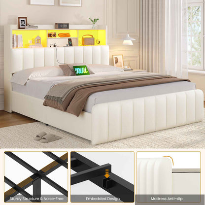 DICTAC | Upholstered Bed Frame with Storage Headboard, 4 Oversized Drawers, RGB LED Lights & Charging Station, Noise-Free Metal Platform Bed, White