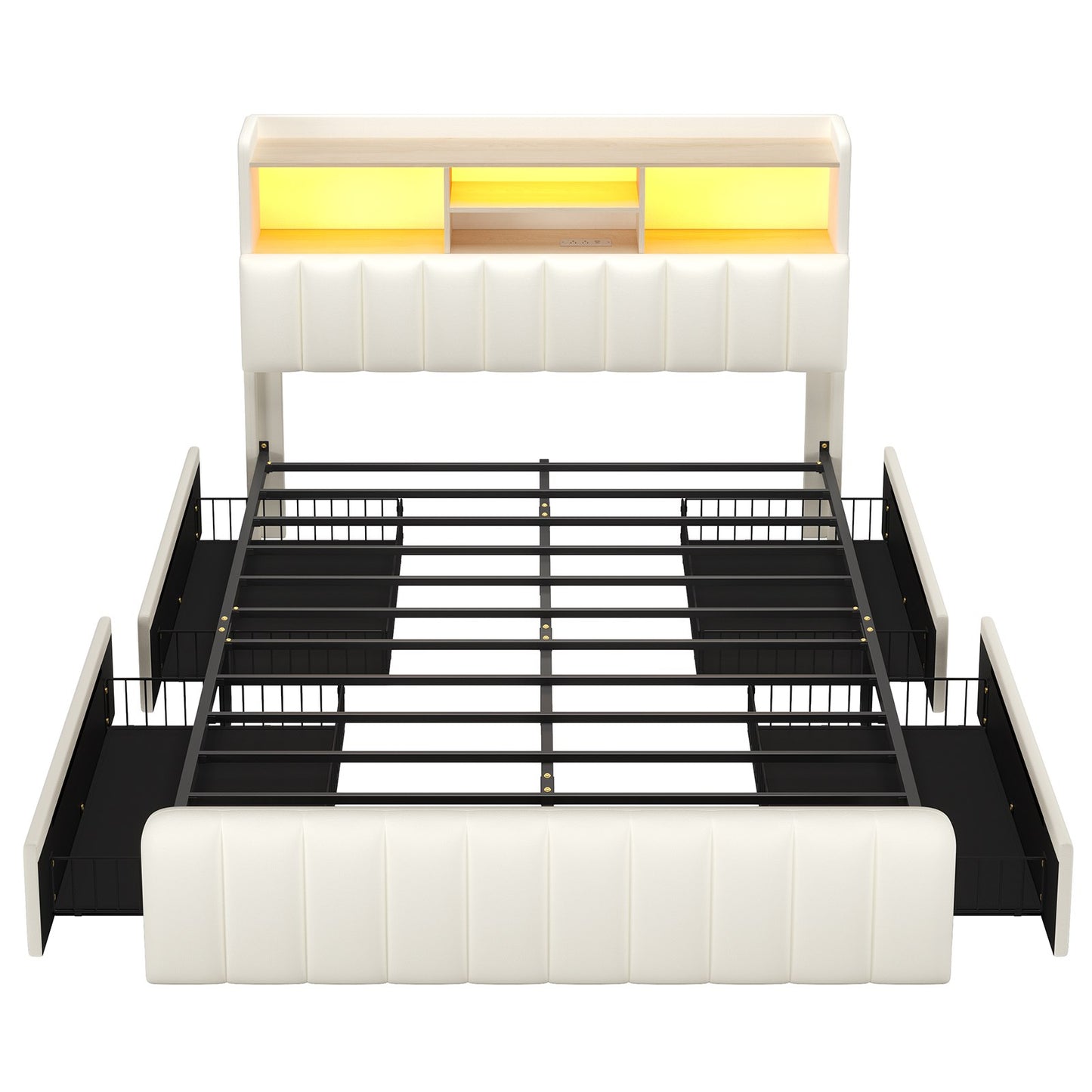 DICTAC | Upholstered Bed Frame with Storage Headboard, 4 Oversized Drawers, RGB LED Lights & Charging Station, Noise-Free Metal Platform Bed, White