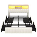 DICTAC | Bed Frame with 4 Storage Drawers, Headboard, Charging Station & RGB LED Lights - White