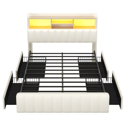 DICTAC | Upholstered Bed Frame with Storage Headboard, 4 Oversized Drawers, RGB LED Lights & Charging Station, Noise-Free Metal Platform Bed, White