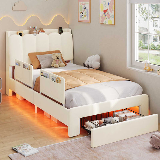 DICTAC Twin/Full LED Bed Frame with Storage Drawer, Wavy Velvet Upholstered Kids Bed with Safety Guardrails, Charging Station & RGB Lights, Beige