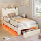 DICTAC Twin/Full LED Bed Frame with Storage Drawer, Wavy Velvet Upholstered Kids Bed with Safety Guardrails, Charging Station & RGB Lights, Beige