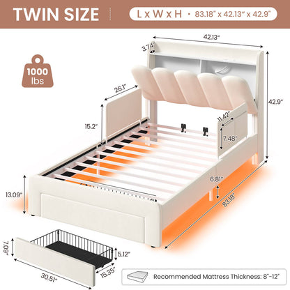 DICTAC Twin/Full LED Bed Frame with Storage Drawer, Wavy Velvet Upholstered Kids Bed with Safety Guardrails, Charging Station & RGB Lights, Beige