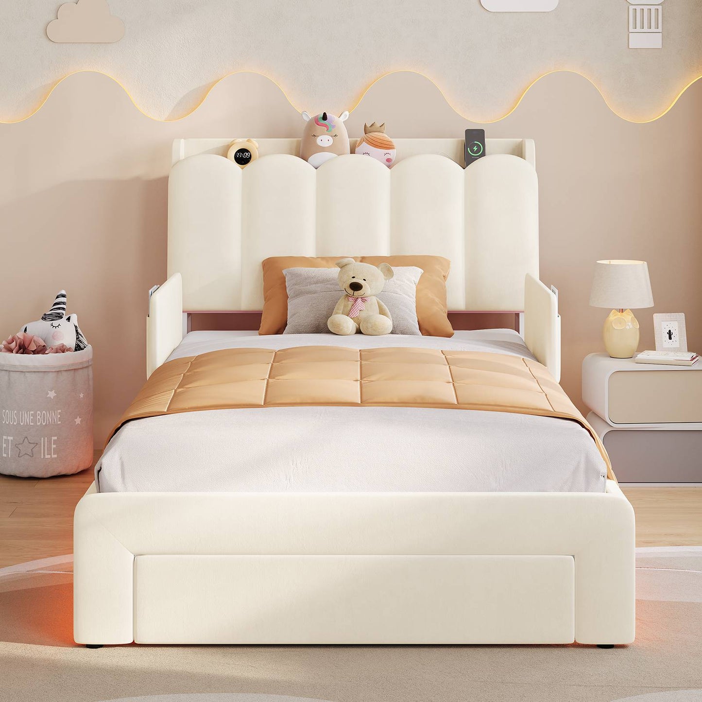 DICTAC Twin/Full LED Bed Frame with Storage Drawer, Wavy Velvet Upholstered Kids Bed with Safety Guardrails, Charging Station & RGB Lights, Beige