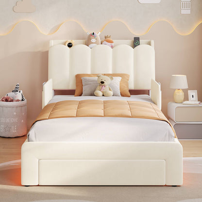 DICTAC Twin/Full LED Bed Frame with Storage Drawer, Wavy Velvet Upholstered Kids Bed with Safety Guardrails, Charging Station & RGB Lights, Beige