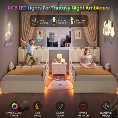 DICTAC Twin/Full LED Bed Frame with Storage Drawer, Wavy Velvet Upholstered Kids Bed with Safety Guardrails, Charging Station & RGB Lights, Beige