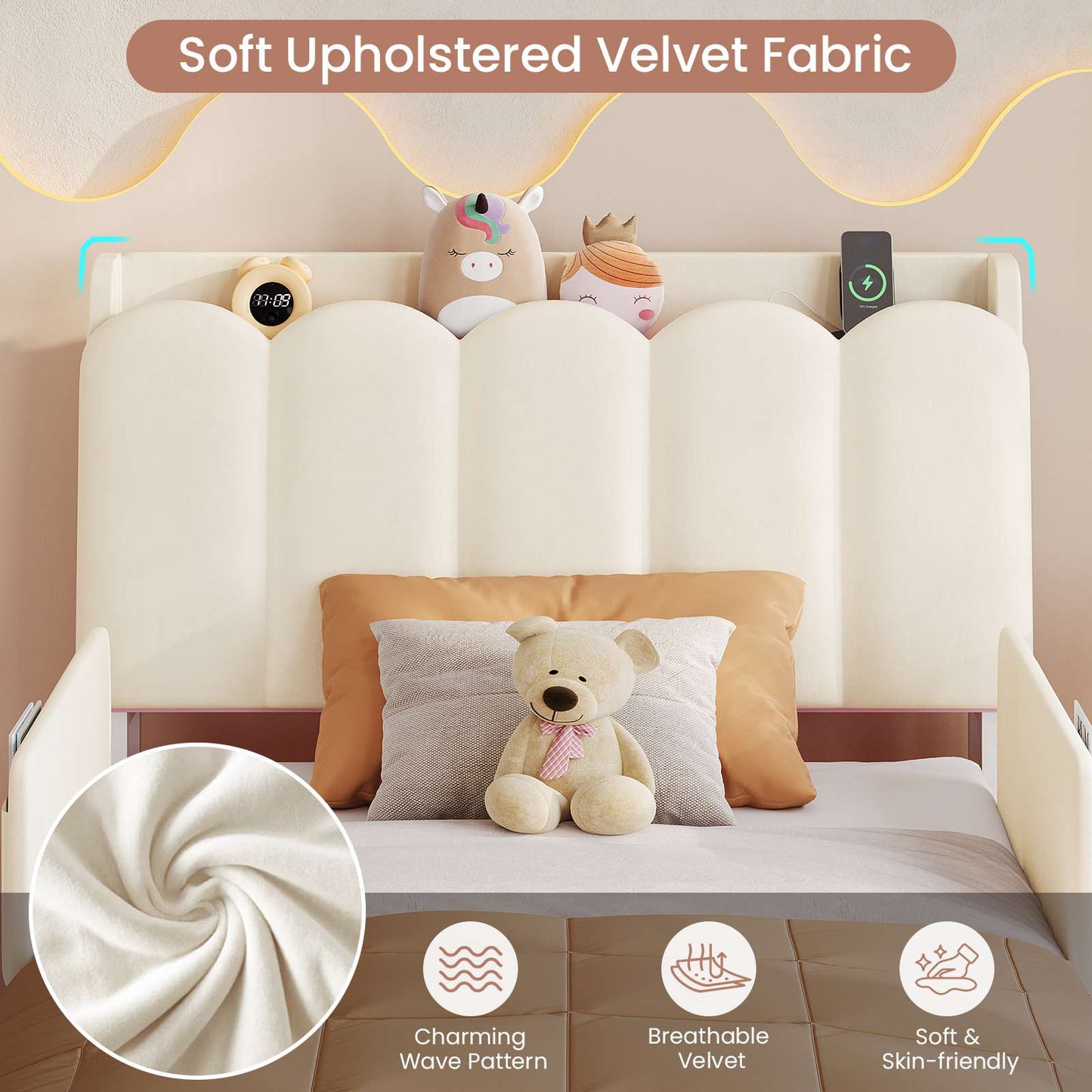 DICTAC Twin/Full LED Bed Frame with Storage Drawer, Wavy Velvet Upholstered Kids Bed with Safety Guardrails, Charging Station & RGB Lights, Beige