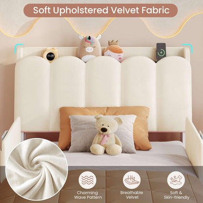 DICTAC Twin/Full LED Bed Frame with Storage Drawer, Wavy Velvet Upholstered Kids Bed with Safety Guardrails, Charging Station & RGB Lights, Beige