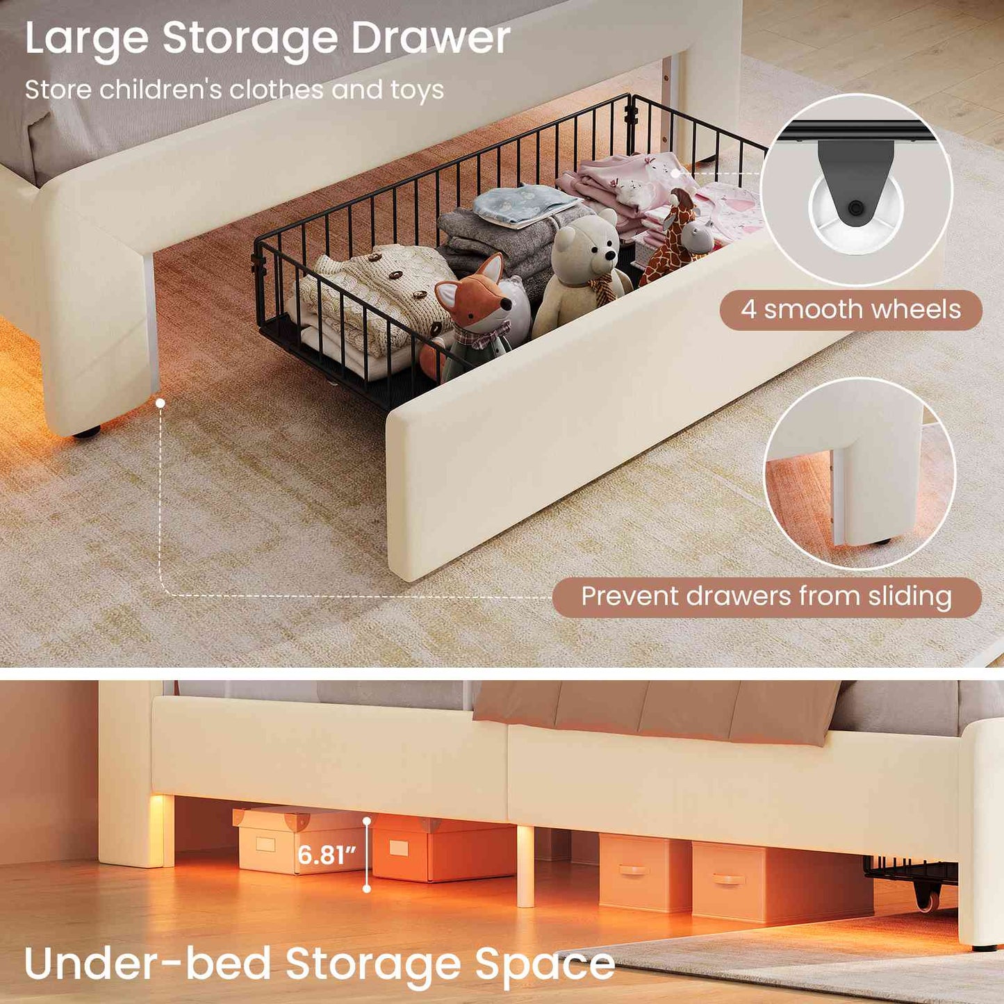 DICTAC Twin/Full LED Bed Frame with Storage Drawer, Wavy Velvet Upholstered Kids Bed with Safety Guardrails, Charging Station & RGB Lights, Beige