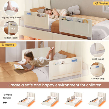 DICTAC Twin/Full LED Bed Frame with Storage Drawer, Wavy Velvet Upholstered Kids Bed with Safety Guardrails, Charging Station & RGB Lights, Beige