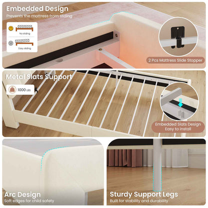 DICTAC Twin/Full LED Bed Frame with Storage Drawer, Wavy Velvet Upholstered Kids Bed with Safety Guardrails, Charging Station & RGB Lights, Beige