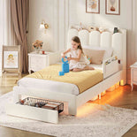 DICTAC | DICTAC | Kids Upholstered Bed Frame with Storage Drawer, Safety Guardrails, Charging Station & RGB LED Lights - Beige