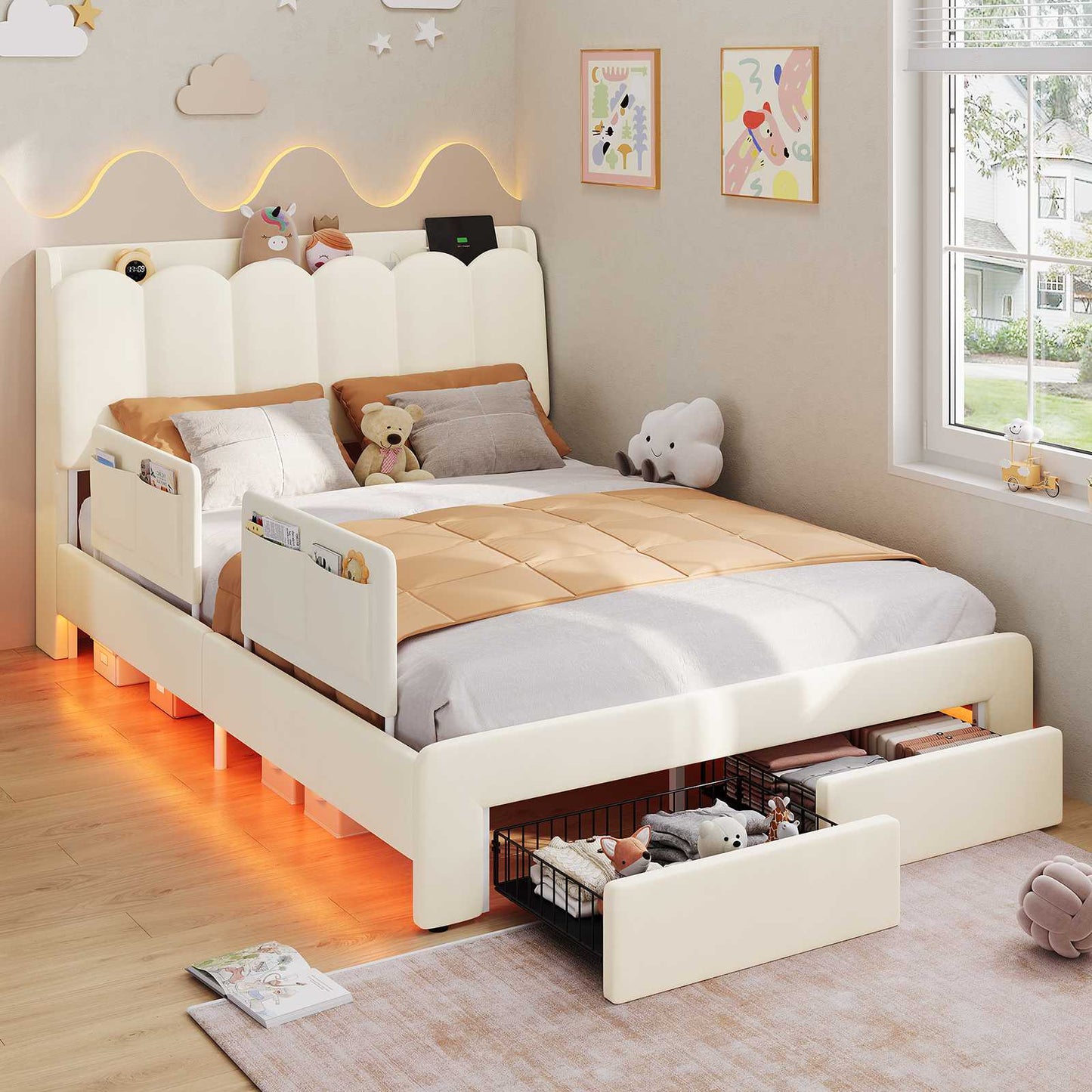 DICTAC Twin/Full LED Bed Frame with Storage Drawer, Wavy Velvet Upholstered Kids Bed with Safety Guardrails, Charging Station & RGB Lights, Beige