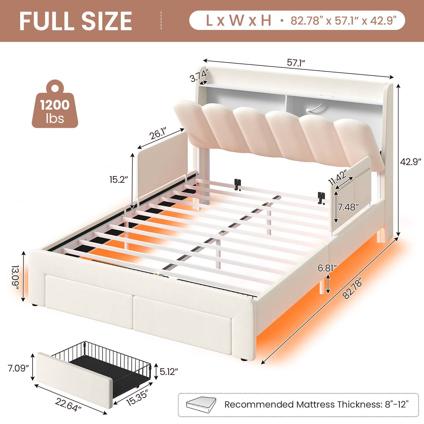 DICTAC Twin/Full LED Bed Frame with Storage Drawer, Wavy Velvet Upholstered Kids Bed with Safety Guardrails, Charging Station & RGB Lights, Beige