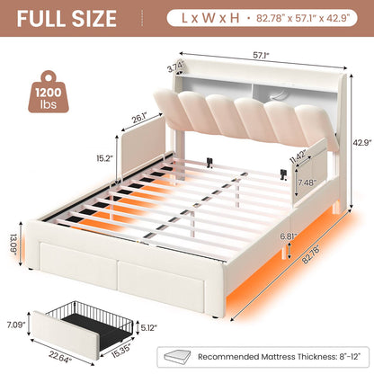 DICTAC Twin/Full LED Bed Frame with Storage Drawer, Wavy Velvet Upholstered Kids Bed with Safety Guardrails, Charging Station & RGB Lights, Beige