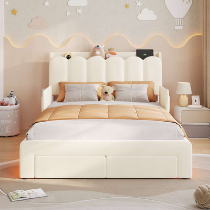 DICTAC Twin/Full LED Bed Frame with Storage Drawer, Wavy Velvet Upholstered Kids Bed with Safety Guardrails, Charging Station & RGB Lights, Beige