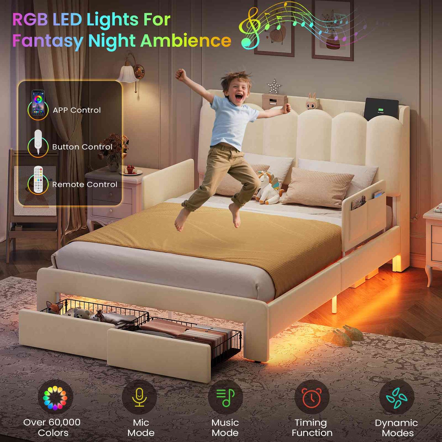 DICTAC Twin/Full LED Bed Frame with Storage Drawer, Wavy Velvet Upholstered Kids Bed with Safety Guardrails, Charging Station & RGB Lights, Beige