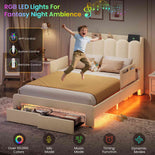 DICTAC | DICTAC | Kids Upholstered Bed Frame with Storage Drawer, Safety Guardrails, Charging Station & RGB LED Lights - Beige