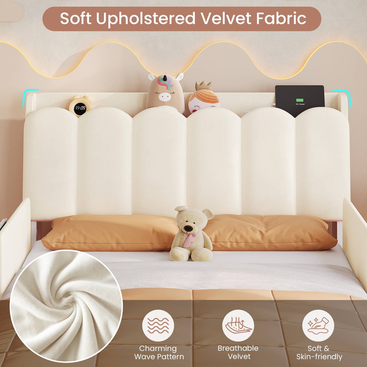 DICTAC Twin/Full LED Bed Frame with Storage Drawer, Wavy Velvet Upholstered Kids Bed with Safety Guardrails, Charging Station & RGB Lights, Beige