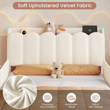 DICTAC Twin/Full LED Bed Frame with Storage Drawer, Wavy Velvet Upholstered Kids Bed with Safety Guardrails, Charging Station & RGB Lights, Beige