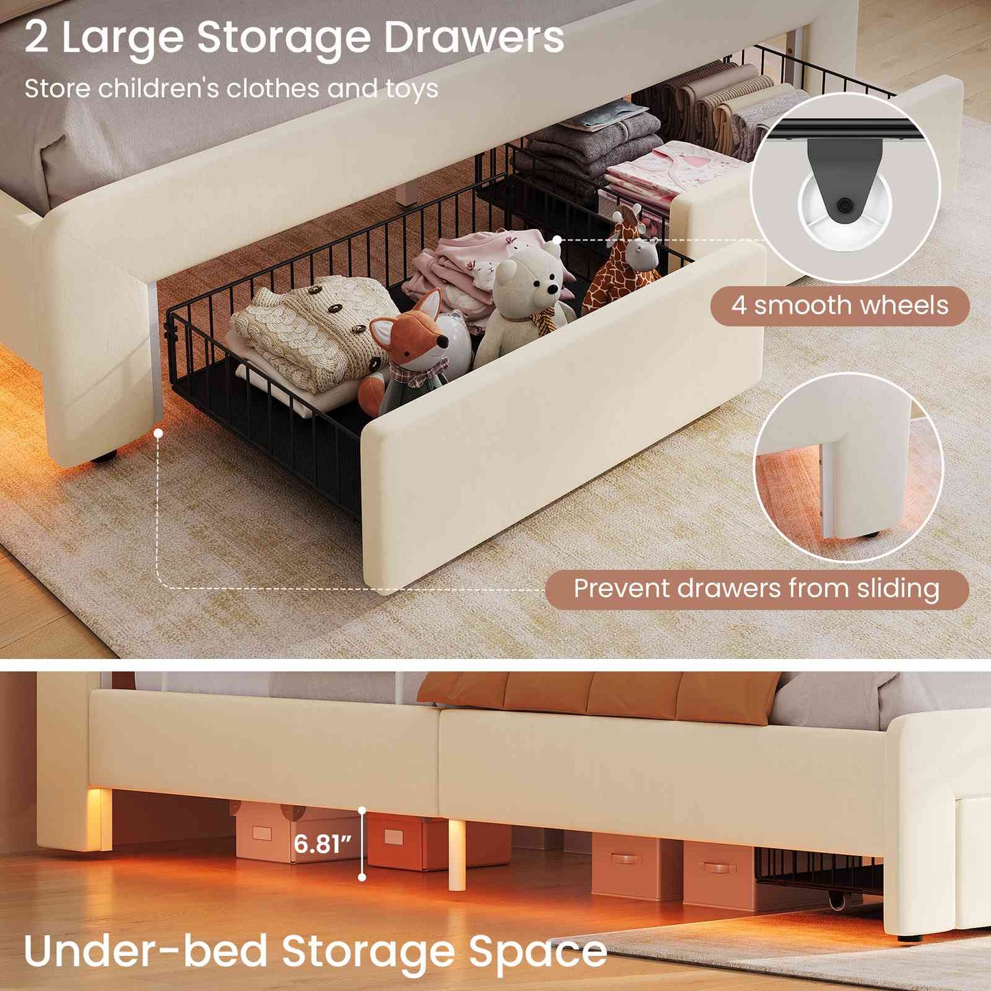 DICTAC Twin/Full LED Bed Frame with Storage Drawer, Wavy Velvet Upholstered Kids Bed with Safety Guardrails, Charging Station & RGB Lights, Beige