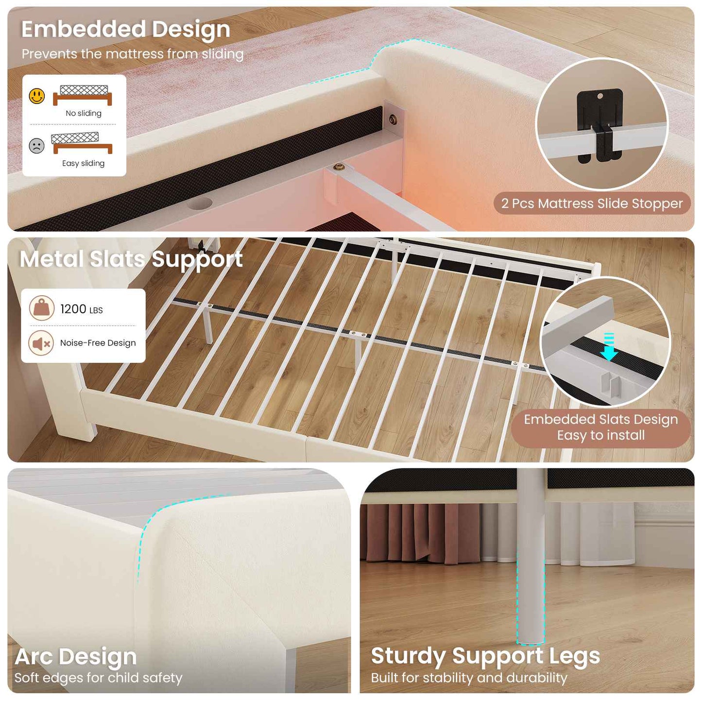 DICTAC Twin/Full LED Bed Frame with Storage Drawer, Wavy Velvet Upholstered Kids Bed with Safety Guardrails, Charging Station & RGB Lights, Beige
