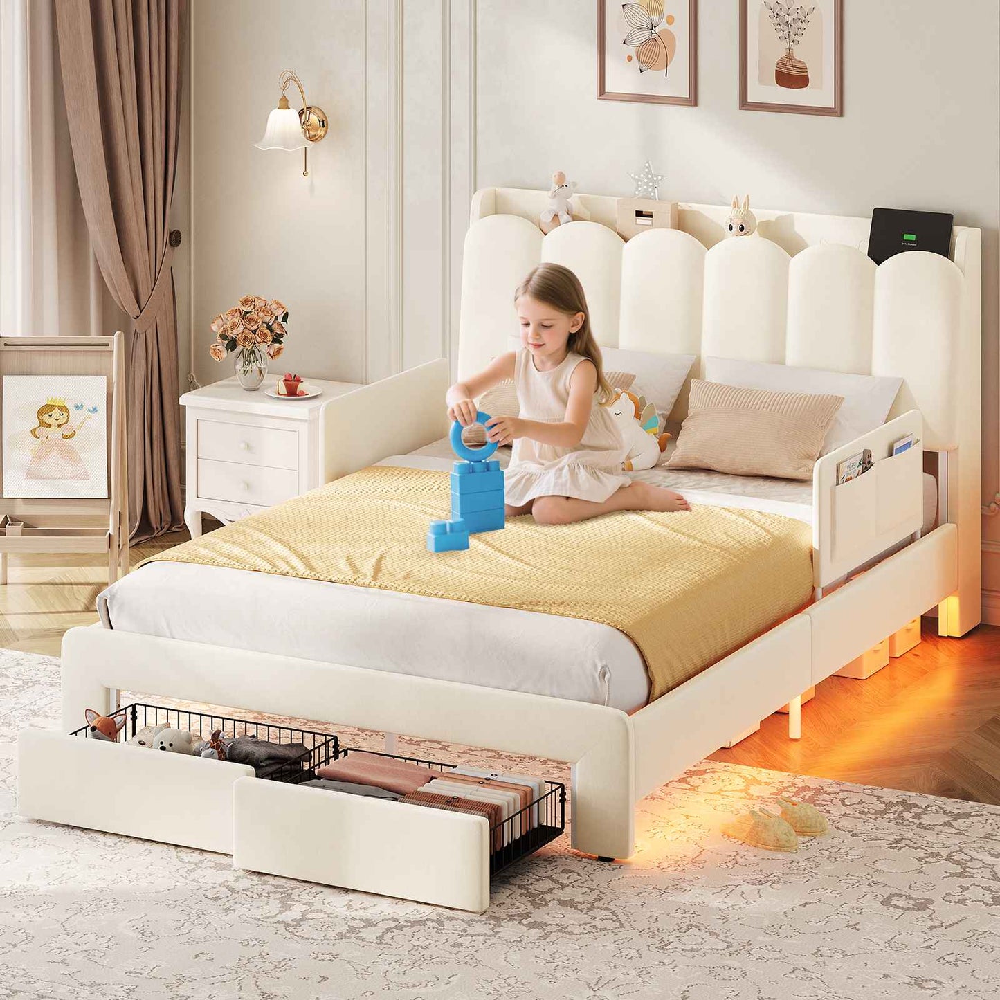 DICTAC Twin/Full LED Bed Frame with Storage Drawer, Wavy Velvet Upholstered Kids Bed with Safety Guardrails, Charging Station & RGB Lights, Beige