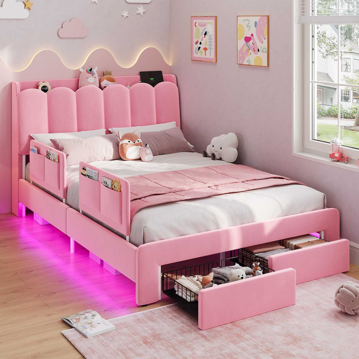 DICTAC Twin/Full LED Bed Frame with Storage Drawer, Wavy Velvet Upholstered Kids Bed with Safety Guardrails, Charging Station & RGB Lights, Pink