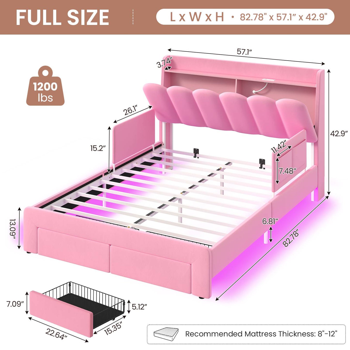 DICTAC Twin/Full LED Bed Frame with Storage Drawer, Wavy Velvet Upholstered Kids Bed with Safety Guardrails, Charging Station & RGB Lights, Pink