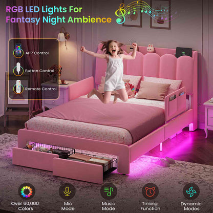 DICTAC Twin/Full LED Bed Frame with Storage Drawer, Wavy Velvet Upholstered Kids Bed with Safety Guardrails, Charging Station & RGB Lights, Pink