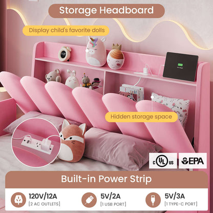 DICTAC Twin/Full LED Bed Frame with Storage Drawer, Wavy Velvet Upholstered Kids Bed with Safety Guardrails, Charging Station & RGB Lights, Pink