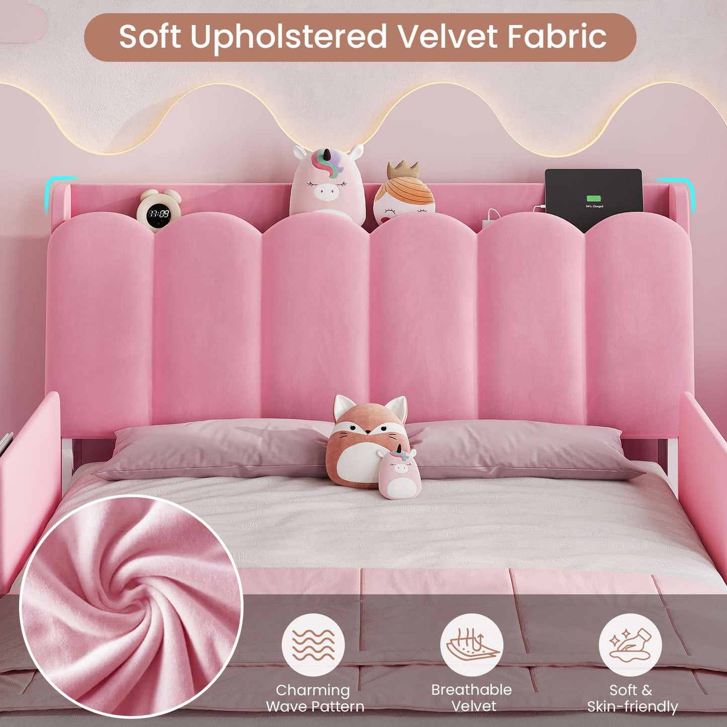 DICTAC Twin/Full LED Bed Frame with Storage Drawer, Wavy Velvet Upholstered Kids Bed with Safety Guardrails, Charging Station & RGB Lights, Pink