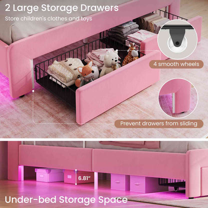 DICTAC Twin/Full LED Bed Frame with Storage Drawer, Wavy Velvet Upholstered Kids Bed with Safety Guardrails, Charging Station & RGB Lights, Pink