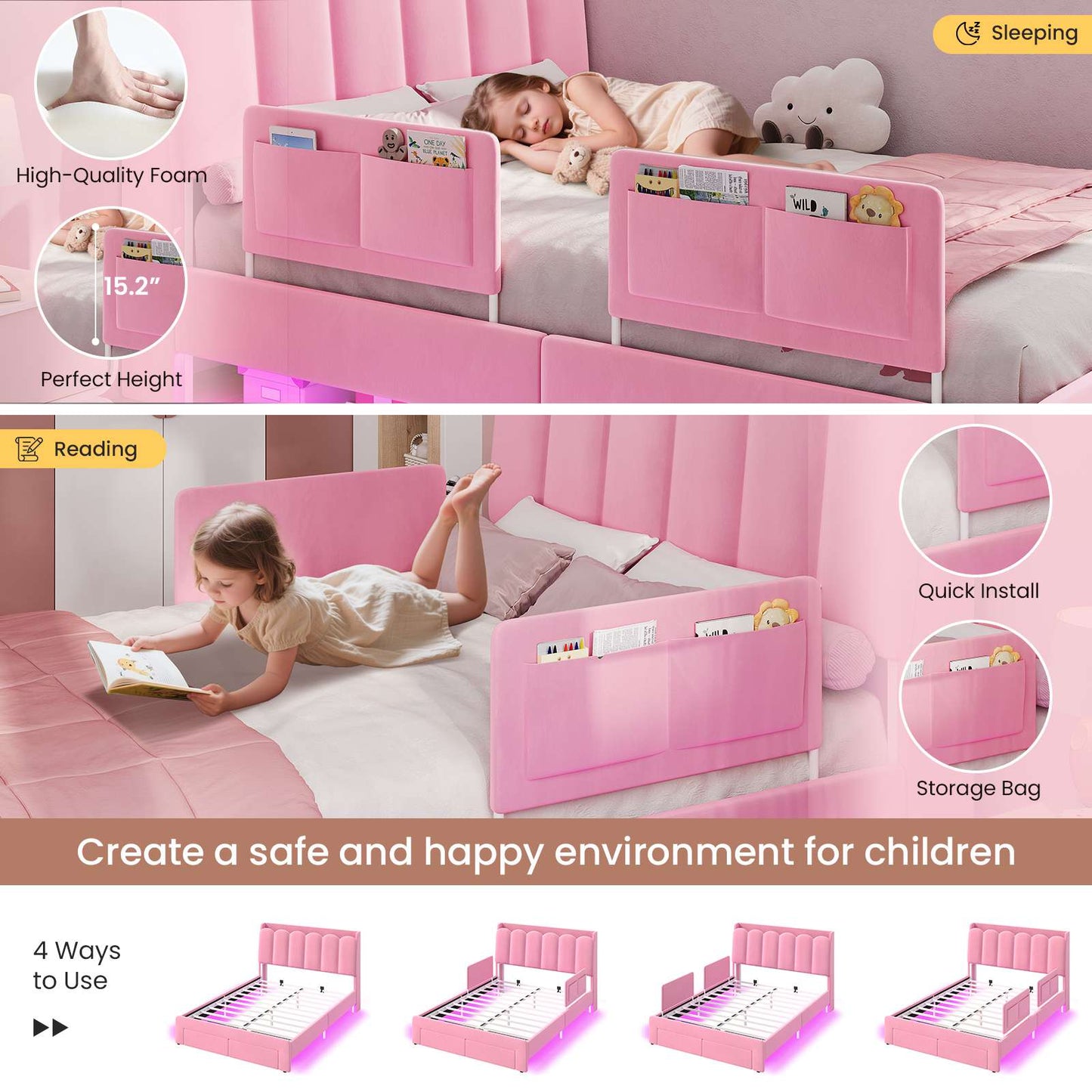 DICTAC Twin/Full LED Bed Frame with Storage Drawer, Wavy Velvet Upholstered Kids Bed with Safety Guardrails, Charging Station & RGB Lights, Pink