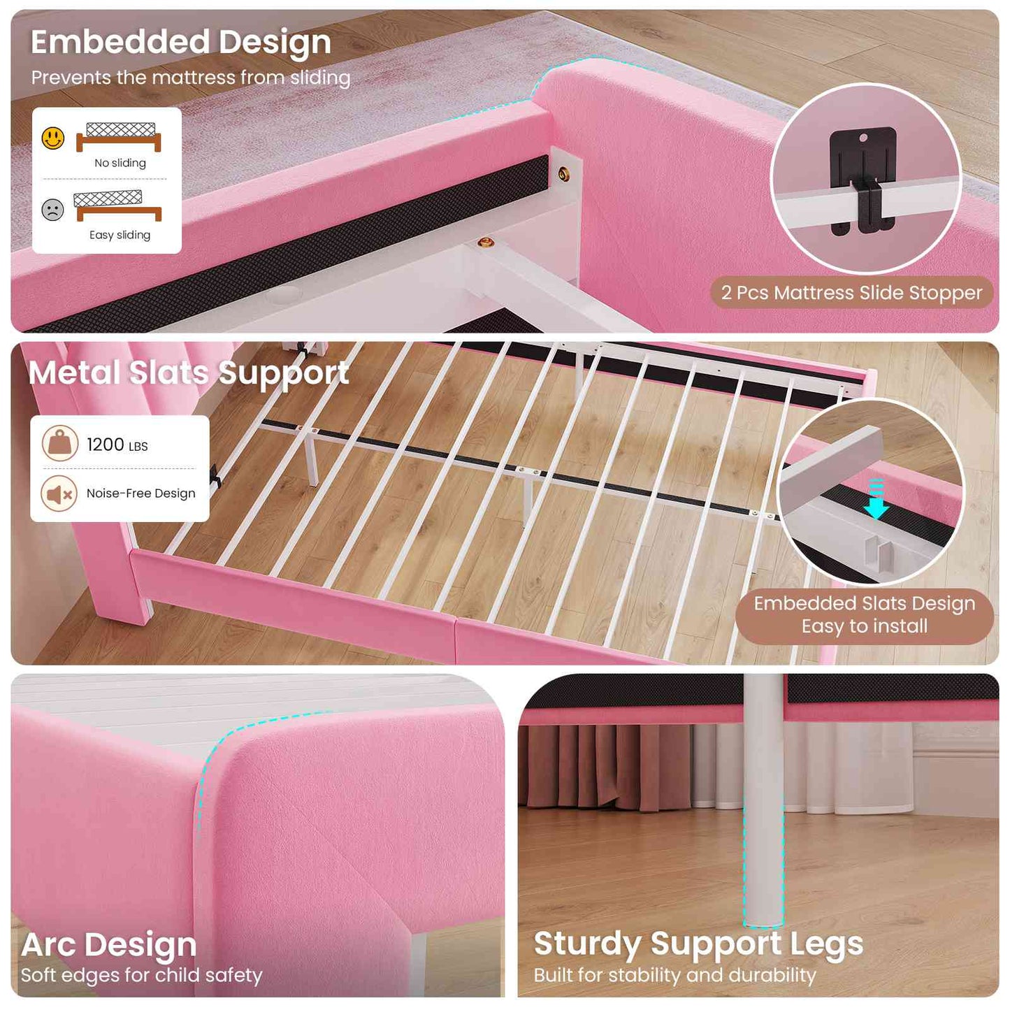 DICTAC Twin/Full LED Bed Frame with Storage Drawer, Wavy Velvet Upholstered Kids Bed with Safety Guardrails, Charging Station & RGB Lights, Pink
