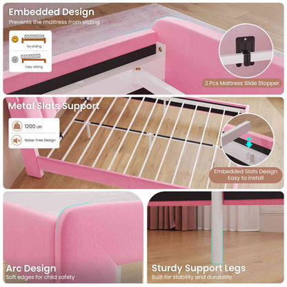 DICTAC Twin/Full LED Bed Frame with Storage Drawer, Wavy Velvet Upholstered Kids Bed with Safety Guardrails, Charging Station & RGB Lights, Pink