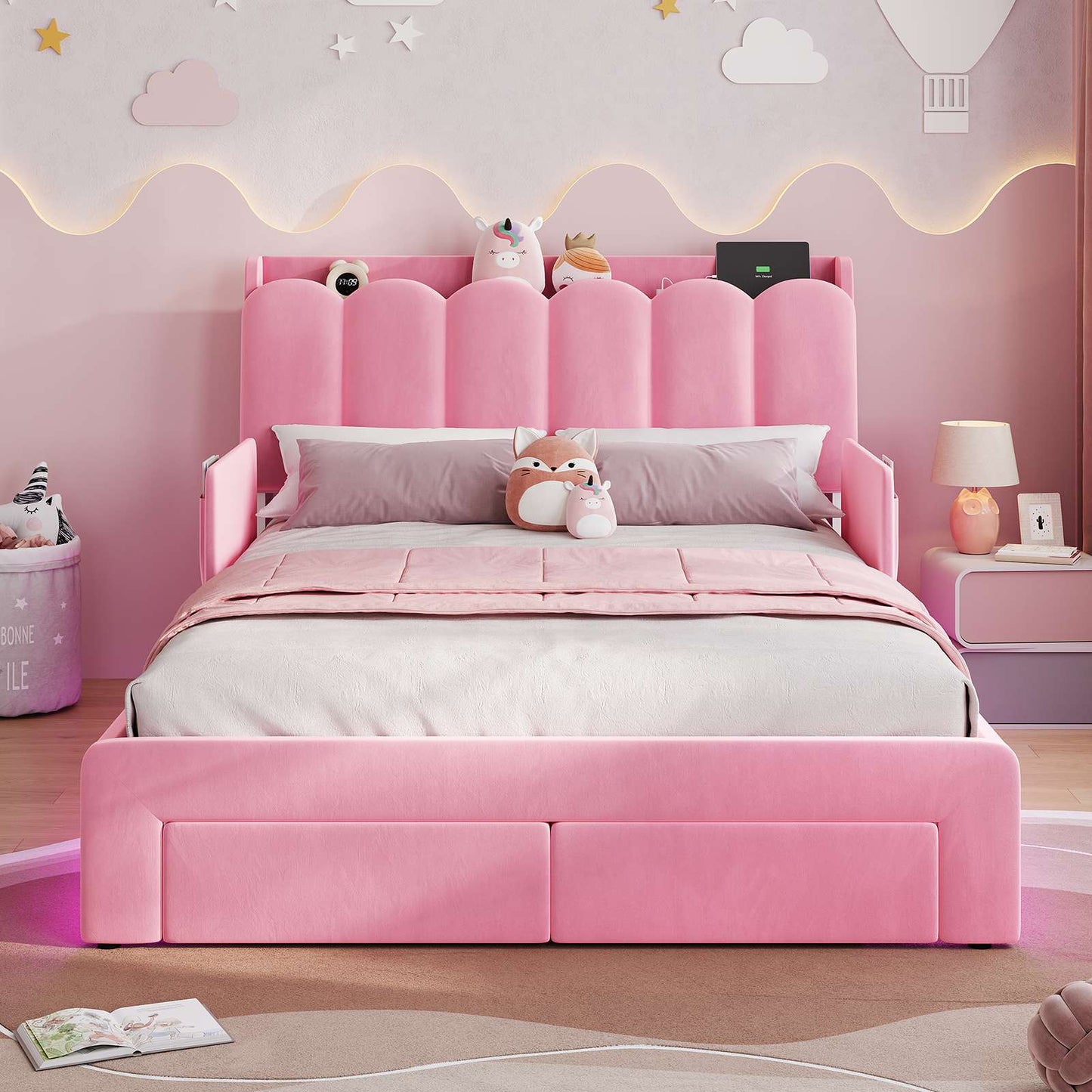 DICTAC Twin/Full LED Bed Frame with Storage Drawer, Wavy Velvet Upholstered Kids Bed with Safety Guardrails, Charging Station & RGB Lights, Pink