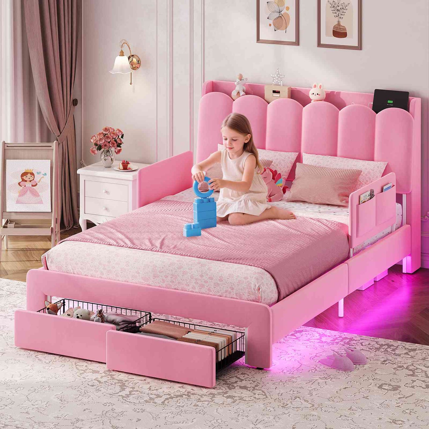 DICTAC Twin/Full LED Bed Frame with Storage Drawer, Wavy Velvet Upholstered Kids Bed with Safety Guardrails, Charging Station & RGB Lights, Pink