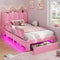 DICTAC Twin/Full LED Bed Frame with Storage Drawer, Wavy Velvet Upholstered Kids Bed with Safety Guardrails, Charging Station & RGB Lights, Pink