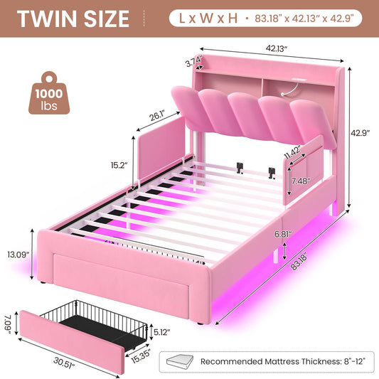 DICTAC Twin/Full LED Bed Frame with Storage Drawer, Wavy Velvet Upholstered Kids Bed with Safety Guardrails, Charging Station & RGB Lights, Pink