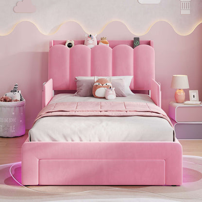 DICTAC Twin/Full LED Bed Frame with Storage Drawer, Wavy Velvet Upholstered Kids Bed with Safety Guardrails, Charging Station & RGB Lights, Pink