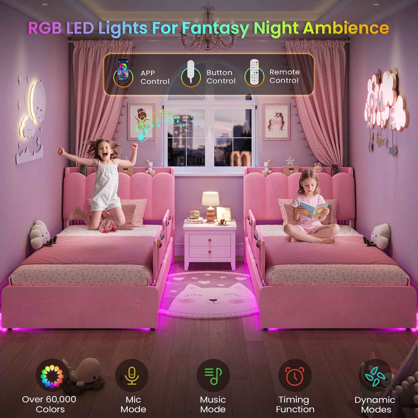DICTAC Twin/Full LED Bed Frame with Storage Drawer, Wavy Velvet Upholstered Kids Bed with Safety Guardrails, Charging Station & RGB Lights, Pink