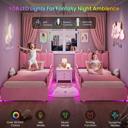 DICTAC Twin/Full LED Bed Frame with Storage Drawer, Wavy Velvet Upholstered Kids Bed with Safety Guardrails, Charging Station & RGB Lights, Pink