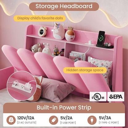 DICTAC Twin/Full LED Bed Frame with Storage Drawer, Wavy Velvet Upholstered Kids Bed with Safety Guardrails, Charging Station & RGB Lights, Pink