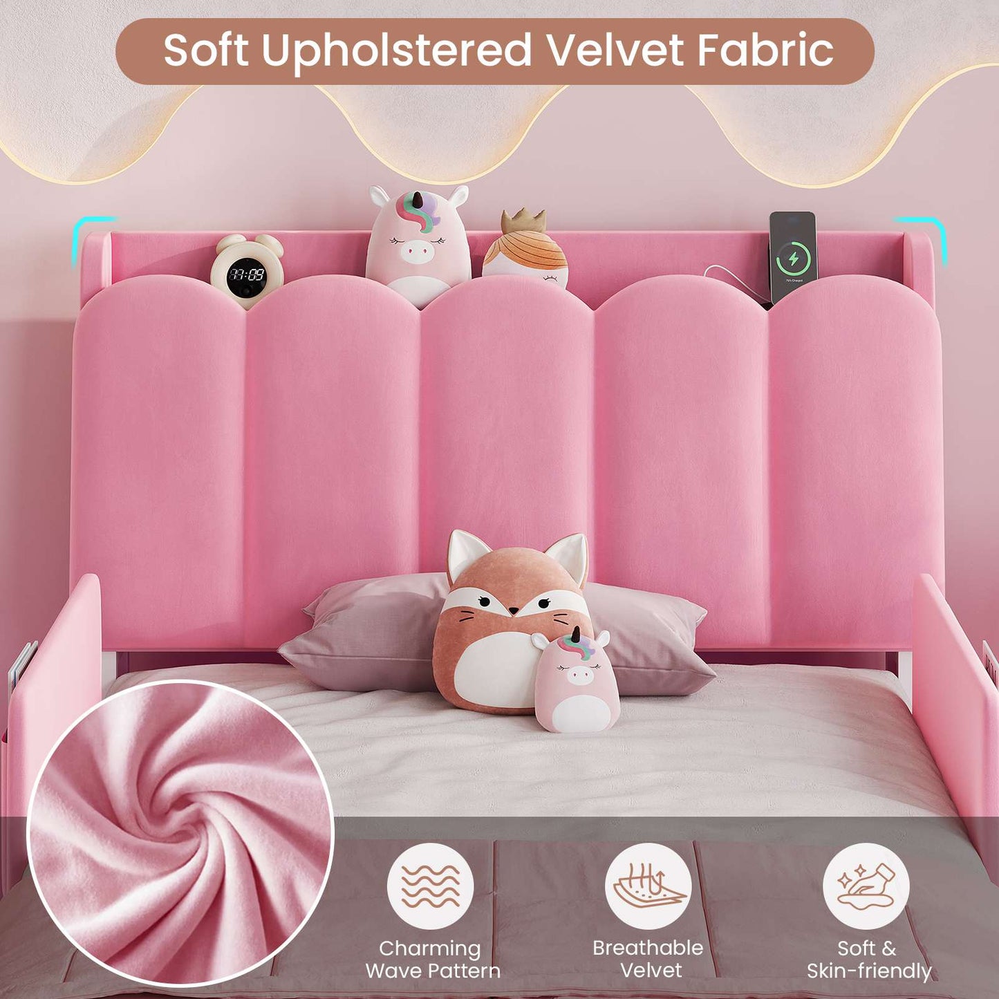 DICTAC Twin/Full LED Bed Frame with Storage Drawer, Wavy Velvet Upholstered Kids Bed with Safety Guardrails, Charging Station & RGB Lights, Pink