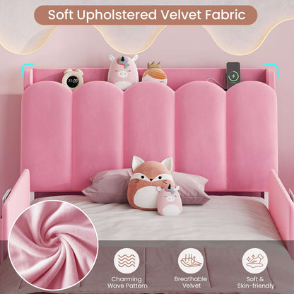 DICTAC Twin/Full LED Bed Frame with Storage Drawer, Wavy Velvet Upholstered Kids Bed with Safety Guardrails, Charging Station & RGB Lights, Pink