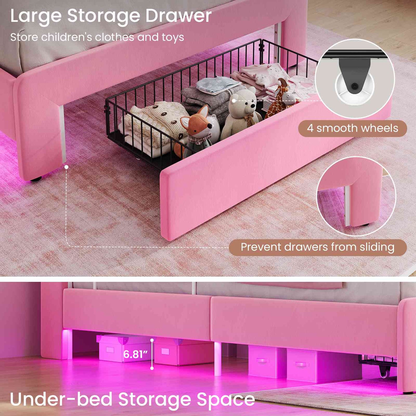 DICTAC Twin/Full LED Bed Frame with Storage Drawer, Wavy Velvet Upholstered Kids Bed with Safety Guardrails, Charging Station & RGB Lights, Pink
