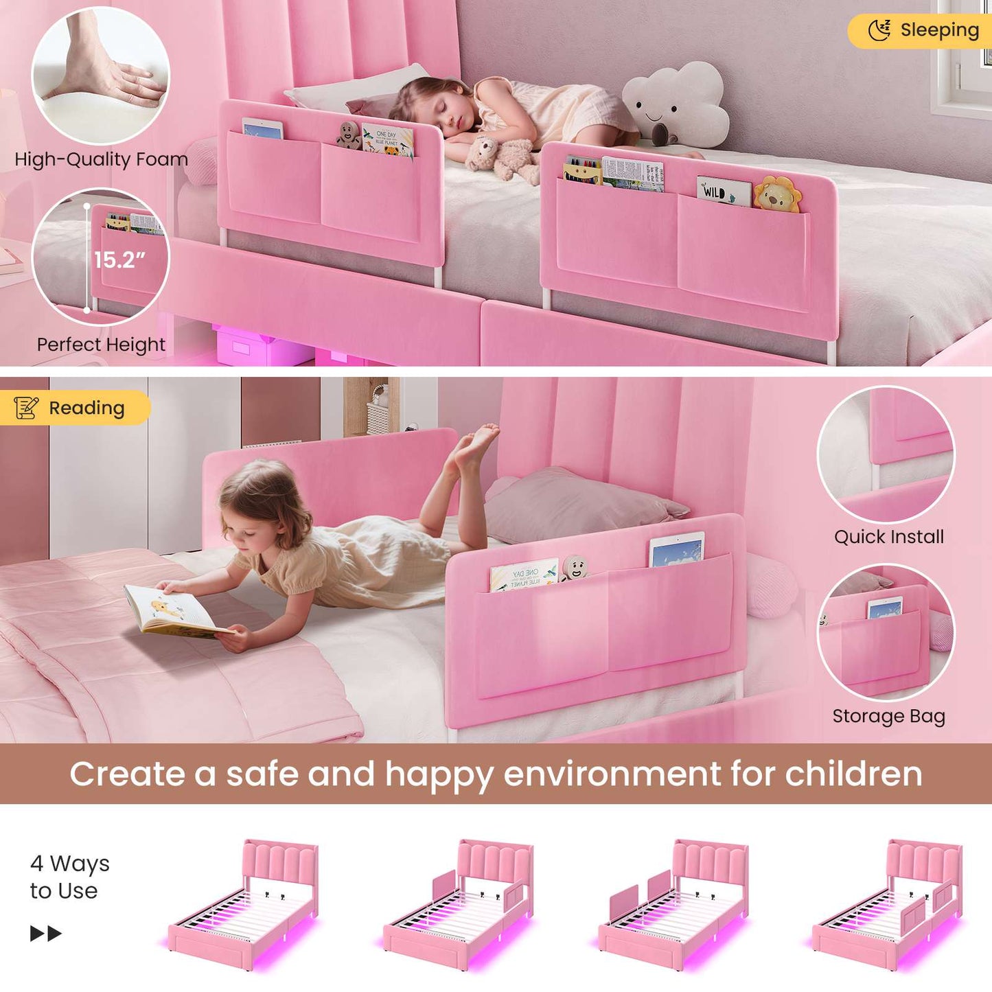 DICTAC Twin/Full LED Bed Frame with Storage Drawer, Wavy Velvet Upholstered Kids Bed with Safety Guardrails, Charging Station & RGB Lights, Pink