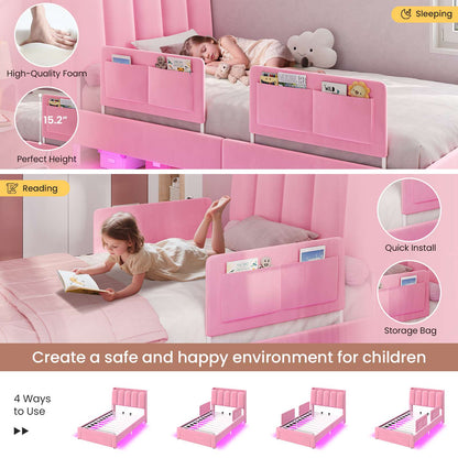 DICTAC Twin/Full LED Bed Frame with Storage Drawer, Wavy Velvet Upholstered Kids Bed with Safety Guardrails, Charging Station & RGB Lights, Pink