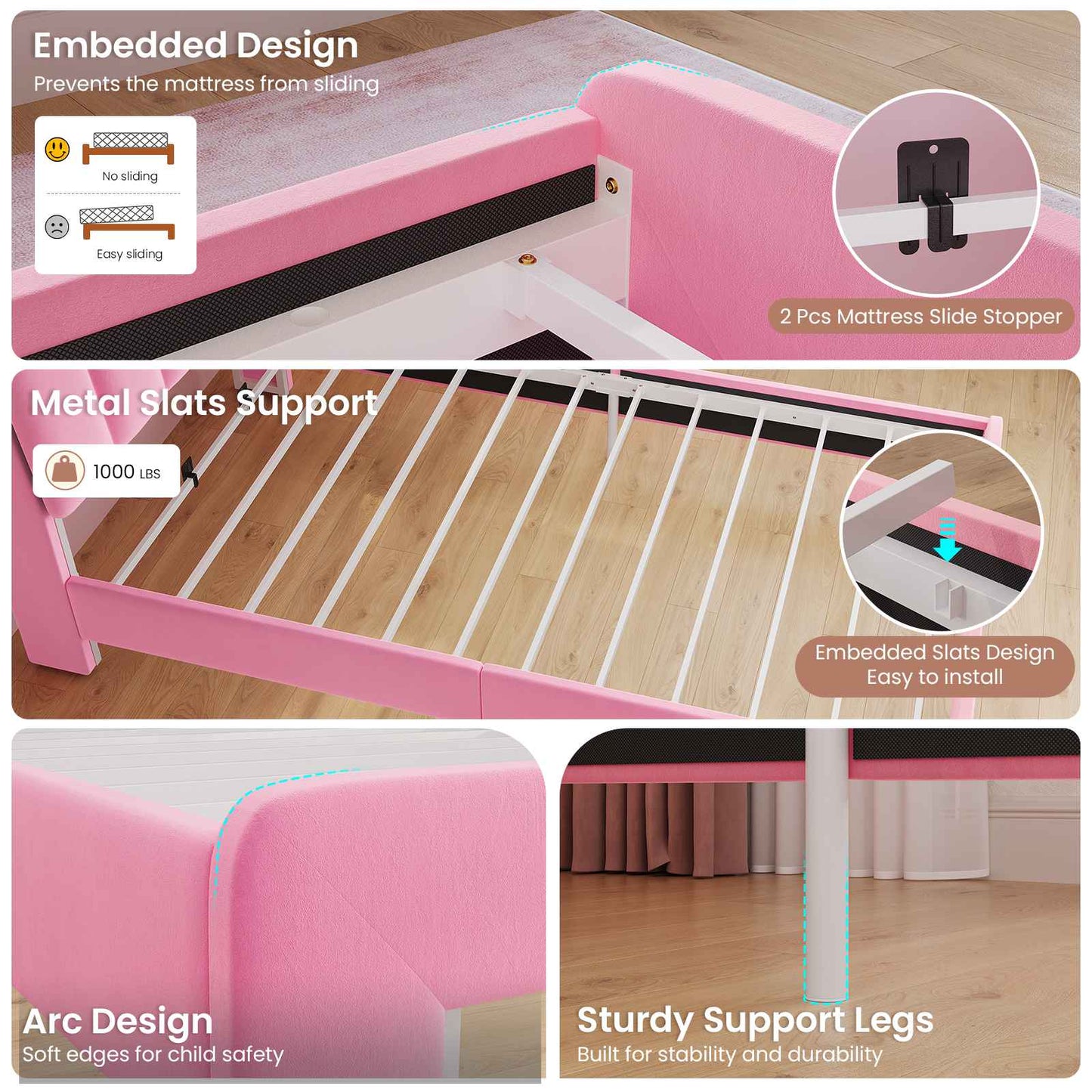 DICTAC Twin/Full LED Bed Frame with Storage Drawer, Wavy Velvet Upholstered Kids Bed with Safety Guardrails, Charging Station & RGB Lights, Pink